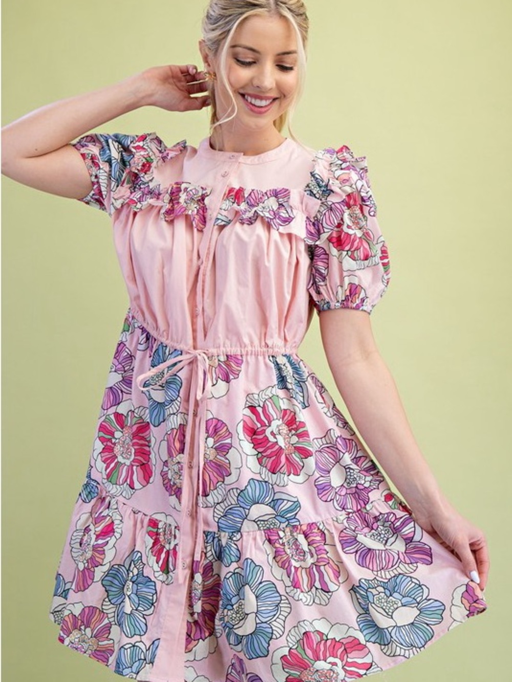 Gigio Pink Floral Ruffle Puff Sleeve Dress Size L